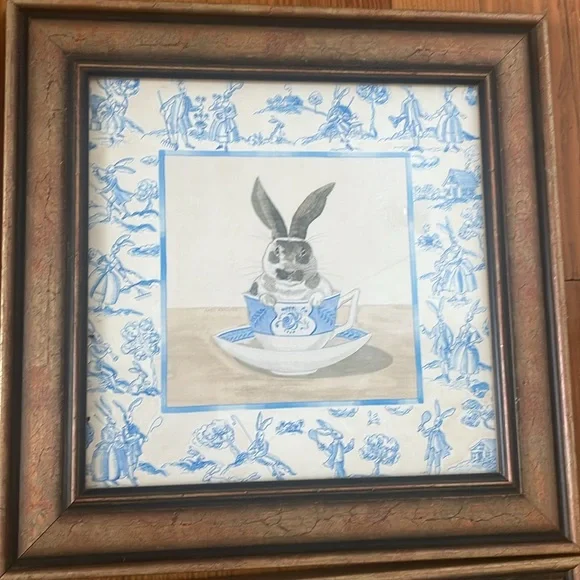 Set of Four Rabbit Teacup Prints in Wooden Frames - Picture 3 of 12